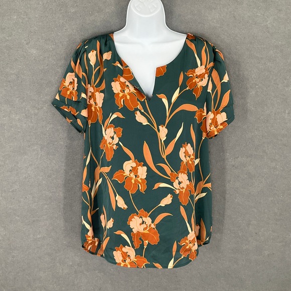 DR2 Floral Print Top Womens Sz Large Green Orange Short Sleeve V-Neck Career - Picture 1 of 13